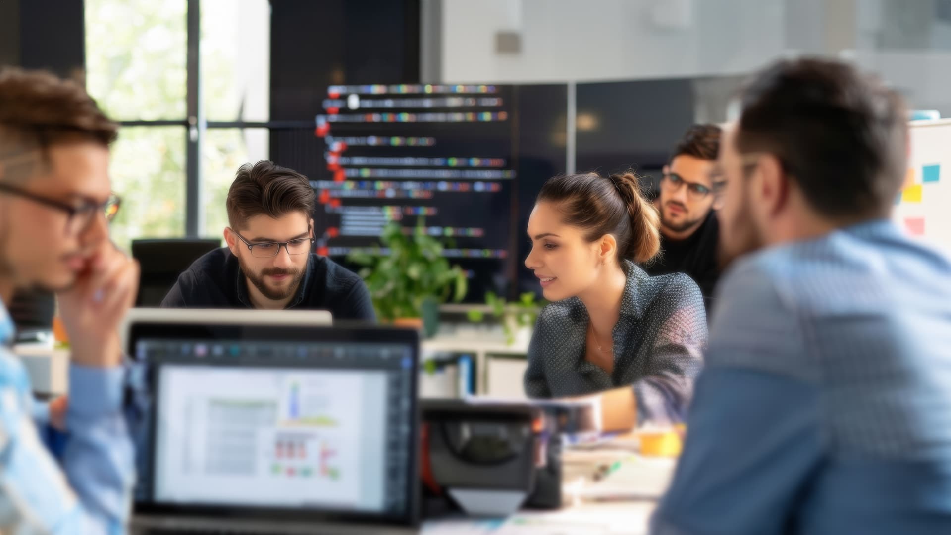 A team of IT professionals discussing a project at a modern workspace, symbolizing Denmark's digital growth potential